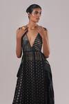 Urvashi Kaur_Black Brocade, Silk V-neck Tamma Pleated Dress _Online_at_Aza_Fashions