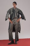 Buy_Urvashi Kaur_Black Linen, Silk Fleur Stripe Woven Trench Coat _at_Aza_Fashions