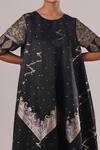 Shop_Urvashi Kaur_Black Brocade, Silk Metallic Thread, Foil Printing Suki A-line Midi Dress _Online_at_Aza_Fashions