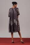Shop_Urvashi Kaur_Purple Brocade, Silk Zari Round Neck Suki Geometric Pattern A-line Midi Dress _at_Aza_Fashions