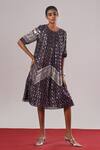 Buy_Urvashi Kaur_Purple Brocade, Silk Zari Round Neck Suki Geometric Pattern A-line Midi Dress _at_Aza_Fashions