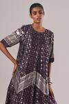 Urvashi Kaur_Purple Brocade, Silk Zari Round Neck Suki Geometric Pattern A-line Midi Dress _Online_at_Aza_Fashions