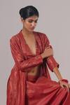 Urvashi Kaur_Red Cotton, Silk Collared Focal Textured Panelled Jacket _Online_at_Aza_Fashions