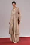 Buy_Urvashi Kaur_Silver Cotton, Silk V-neck Focal Textured Panelled Long-line Jacket _Online_at_Aza_Fashions