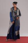 Buy_Urvashi Kaur_Blue Brocade, Silk, Tissue Metallic Thread, Zari Patchwork Woven Trench Jacket _at_Aza_Fashions