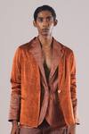 Shop_Urvashi Kaur_Orange Tissue, Silk Dash Handwoven Striped Blazer _at_Aza_Fashions