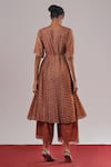 Shop_Urvashi Kaur_Brown Kota Doria V-neck Continuum Zari Striped Pleated Dress _at_Aza_Fashions