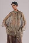 Buy_Urvashi Kaur_Silver Chanderi Silk Collared Terra Hand Woven Shirt _at_Aza_Fashions