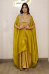 Buy_Label Deepshika Agarwal_Yellow Organza, Satin Embroidery, Zari V-, Open Hand Cape Skirt Set _at_Aza_Fashions