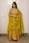 Label Deepshika Agarwal_Yellow Organza, Satin Embroidery, Zari V-, Open Hand Cape Skirt Set _Online_at_Aza_Fashions