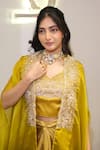 Shop_Label Deepshika Agarwal_Yellow Organza, Satin Embroidery, Zari V-, Open Hand Cape Skirt Set _Online_at_Aza_Fashions