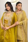 Label Deepshika Agarwal_Yellow Organza, Satin Embroidery, Zari V-, Open Hand Cape Skirt Set _at_Aza_Fashions