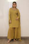 Shop_Label Deepshika Agarwal_Yellow Tissue Embroidery, Tassels, Zari Round Neck Hand Kurta Palazzo Set _at_Aza_Fashions