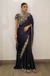 Buy_Label Deepshika Agarwal_Navy Modal, Satin Zari, Embroidery V-neck Zardozi Hand Saree And Blouse _at_Aza_Fashions