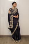 Label Deepshika Agarwal_Navy Modal, Satin Zari, Embroidery V-neck Zardozi Hand Saree And Blouse _Online_at_Aza_Fashions