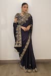 Shop_Label Deepshika Agarwal_Navy Modal, Satin Zari, Embroidery V-neck Zardozi Hand Saree And Blouse _Online_at_Aza_Fashions