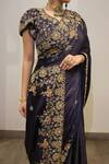 Label Deepshika Agarwal_Navy Modal, Satin Zari, Embroidery V-neck Zardozi Hand Saree And Blouse _Online