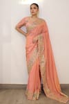 Label Deepshika Agarwal_Peach Tissue Embroidery, Zari Sweetheart Neck Hand Saree With Blouse _Online_at_Aza_Fashions