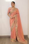 Buy_Label Deepshika Agarwal_Peach Tissue Embroidery, Zari Sweetheart Neck Hand Saree With Blouse _at_Aza_Fashions