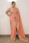 Shop_Label Deepshika Agarwal_Peach Tissue Embroidery, Zari Sweetheart Neck Hand Saree With Blouse _Online_at_Aza_Fashions