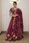 Buy_Label Deepshika Agarwal_Purple Organza Embroidery Sweetheart Neck Big Flower Motif Hand Lehenga Set _at_Aza_Fashions