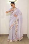Label Deepshika Agarwal_Purple Tissue Embroidery, Sequins Round Neck Hand Saree With Blouse _at_Aza_Fashions