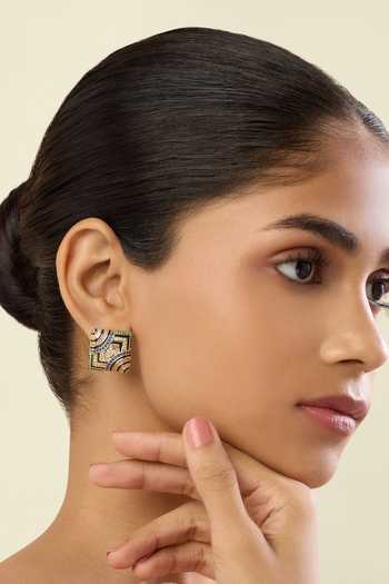 Shop_Isharya_Multi Color Crystals, Stones Delyra Square Stud Earrings _at_Aza_Fashions