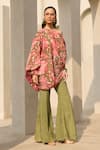 Buy_Diyarajvvir_Green Crepe Asymmetric, One Shoulder, Floral Print Top And Bell Bottom Pant Set _at_Aza_Fashions