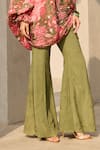 Diyarajvvir_Green Crepe Asymmetric, One Shoulder, Floral Print Top And Bell Bottom Pant Set _Online_at_Aza_Fashions