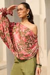 Shop_Diyarajvvir_Green Crepe Asymmetric, One Shoulder, Floral Print Top And Bell Bottom Pant Set _Online_at_Aza_Fashions