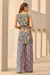 Shop_Diyarajvvir_Blue Crepe V-neck Abstract Floral Print Kurta And Palazzo Set _at_Aza_Fashions