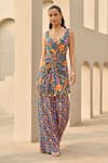 Buy_Diyarajvvir_Blue Crepe V-neck Abstract Floral Print Kurta And Palazzo Set _at_Aza_Fashions
