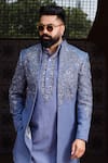 Shop_Courtyard By Abhi_Blue Lycra Sequins, Embroidery, Zari Indo-western Jacket Kurta Set 
