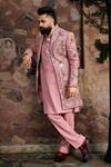 Shop_Courtyard By Abhi_Pink Lycra Mirrors, Embroidery Handcrafted Jacket Kurta Set _Online_at_Aza_Fashions