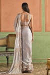 Lashkaraa_Grey Tissue, Crepe Sequins, Zari, Embroidery V-neck Saree With Blouse _Online_at_Aza_Fashions