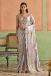 Buy_Lashkaraa_Grey Tissue, Crepe Sequins, Zari, Embroidery V-neck Saree With Blouse _at_Aza_Fashions