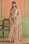 Buy_Lashkaraa_Beige Silk, Satin Sequins, Zari, Scalloped Border Pre-draped Saree With Blouse _at_Aza_Fashions