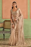 Buy_Lashkaraa_Beige Silk, Satin Sequins, Zari, Scalloped Border Pre-draped Saree With Blouse _Online_at_Aza_Fashions