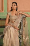 Shop_Lashkaraa_Beige Silk, Satin Sequins, Zari, Scalloped Border Pre-draped Saree With Blouse _Online_at_Aza_Fashions