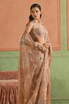 Buy_Lashkaraa_Rose Gold Organza Embroidery, Floral Pattern Pre-draped Saree With Blouse _Online_at_Aza_Fashions