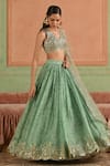 Shop_Lashkaraa_Green Tissue, Shantoon, Net Sequins, Embroidery V-neck Cording Lehenga Set _Online_at_Aza_Fashions