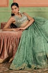 Lashkaraa_Green Tissue, Shantoon, Net Sequins, Embroidery V-neck Cording Lehenga Set _at_Aza_Fashions