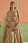 Lashkaraa_Gold Silk, Net Sequins, Zari, Embroidery V-neck Foil Lehenga Set _at_Aza_Fashions