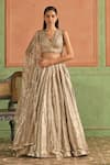 Buy_Lashkaraa_Gold Silk, Net Sequins, Zari, Embroidery V-neck Foil Lehenga Set _at_Aza_Fashions