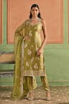 Buy_Lashkaraa_Green Satin, Crepe, Tissue Embroidery, Zari, Lace V-neck Butti Kurta Set _at_Aza_Fashions