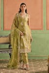 Shop_Lashkaraa_Green Satin, Crepe, Tissue Embroidery, Zari, Lace V-neck Butti Kurta Set _Online_at_Aza_Fashions