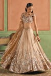 Shop_Lashkaraa_Beige Net, Satin Sequins, Zari, Embroidery Off-shoulder Lehenga Set _Online_at_Aza_Fashions