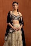 Buy_Lashkaraa_Beige Velvet Embroidery, Sequins, Zari Sweetheart Neck, Floral Lehenga Set _Online_at_Aza_Fashions