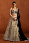 Shop_Lashkaraa_Beige Velvet Embroidery, Sequins, Zari Sweetheart Neck, Floral Lehenga Set _Online_at_Aza_Fashions