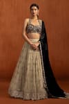Buy_Lashkaraa_Beige Velvet Embroidery, Sequins, Zari Sweetheart Neck, Floral Lehenga Set _at_Aza_Fashions